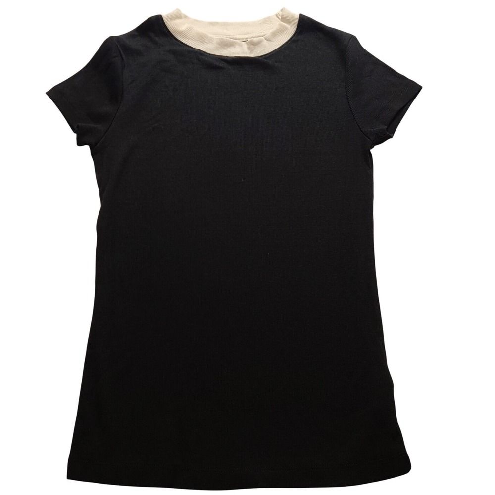 A New Day Ribbed Short Sleeve T-Shirt Black White Contrast Neck XS Knit Shirt